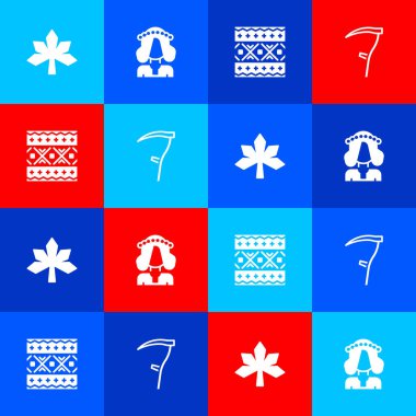 Kestane yaprağı, Ukraynalı kadın, etnik model ve Scythe ikonu. Vektör.