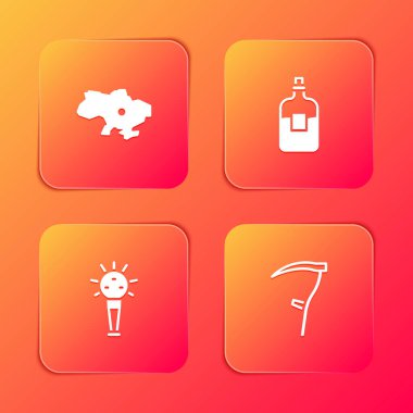 Ukrayna haritası, şişe votka, Mace ve Scythe ikonu. Vektör.