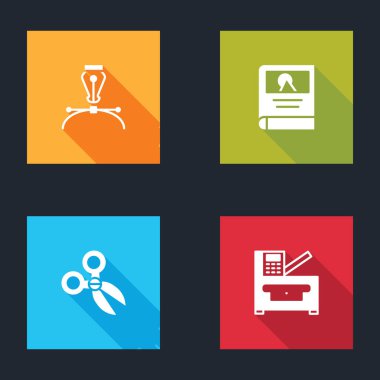 Fountain kalem ucunu, fotoğraf albümü galerisini, makasları ve fotokopi makinesi simgesini ayarla. Vektör.