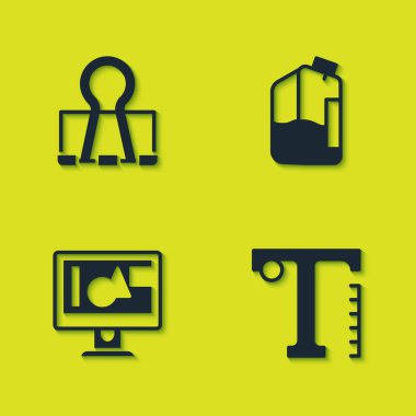 Binder klipsi, Metin, Bilgisayar monitörü ekranı ve yazıcı mürekkep şişesi simgesini ayarla. Vektör.