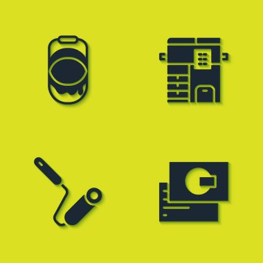 Boya kovası, kartvizit, tekerlekli fırça ve fotokopi makinesi simgesini ayarla. Vektör.