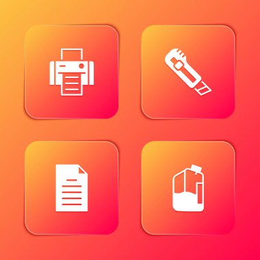 Yazıcı, Kırtasiye bıçağı, Dosya belgesi ve mürekkep şişesi simgesini ayarla. Vektör.