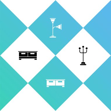 Sandık Çekmecesi, yer lambası ve manto standının simgesini ayarla. Vektör.