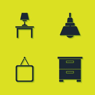 Masa lambası, mobilya sehpası, ayna ve avize ikonu. Vektör.
