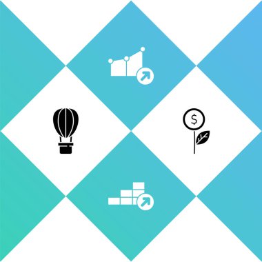 Sıcak hava balonu, finansal büyüme ve dolar bitkisi ikonu kur. Vektör.