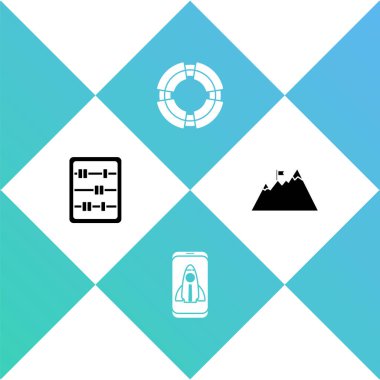 Abaküs, Startup projesi konsepti, bayrak ikonlu iş hayatı ve dağlar. Vektör.