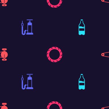 Spor şişesini suyla, bisiklet pompasıyla, tekerlek lastiğiyle ve zincir teçhizatıyla kusursuz bir şekilde ayarla. Vektör.