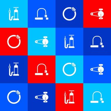 Bisiklet pompası, kilit, fren diski ve zinciri vites simgesiyle ayarla. Vektör.