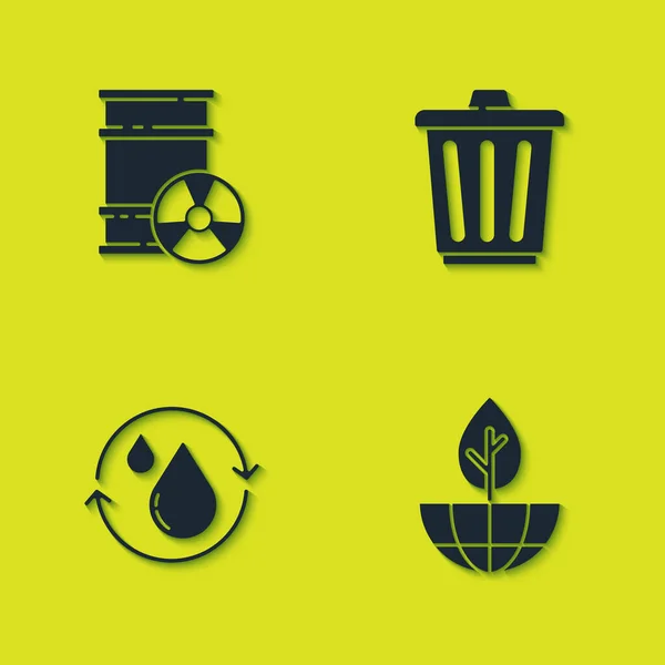 Definir Resíduos Radioativos Barril Globo Terrestre Planta Reciclar Aqua Limpo —  Vetores de Stock