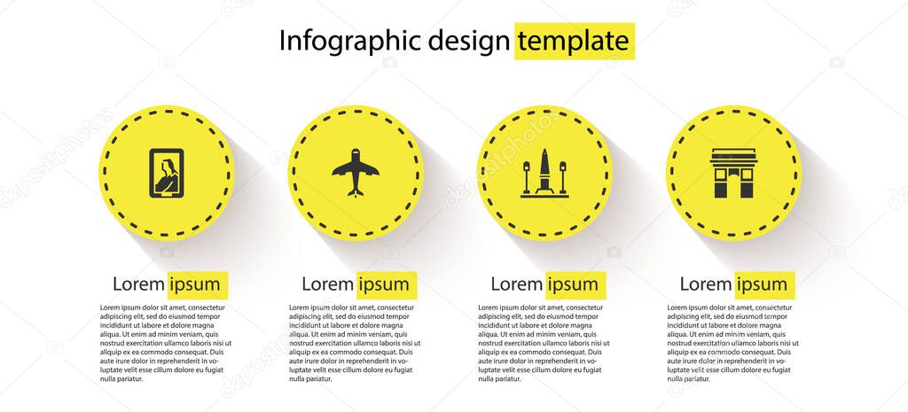 Set Portrait in museum, Plane, Place De La Concorde and Triumphal Arch. Business infographic template. Vector.