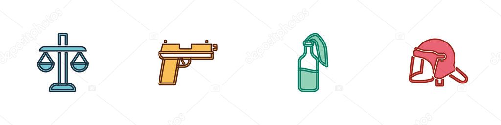 Set Scales of justice, Pistol or gun, Cocktail molotov and Police helmet icon. Vector.