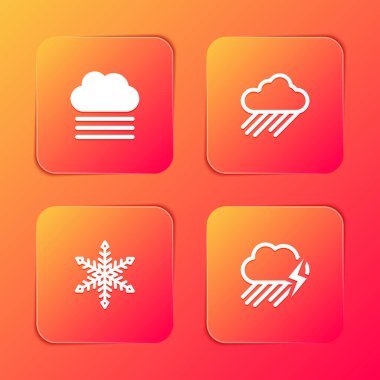 Sis ve bulut, yağmurlu bulut, kar tanesi ve yıldırım ikonu. Vektör.