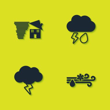 Tornado girdabı, rüzgar ve yağmuru kar, fırtına ve şimşek ikonu ile ayarlayın. Vektör.