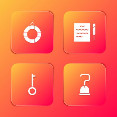 Lifebuoy, Feather kalem ve kaydırma, Korsan anahtarı ve kanca simgesini ayarla. Vektör.