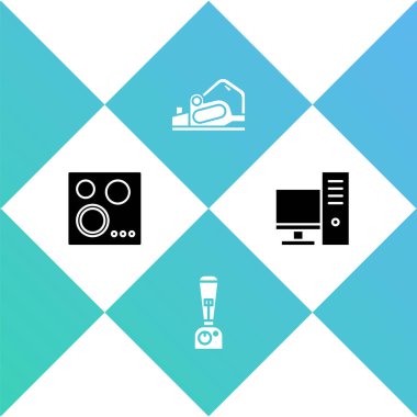 Gaz sobası, blender, elektrikli planör aracı ve bilgisayar monitörü simgesini ayarla. Vektör.