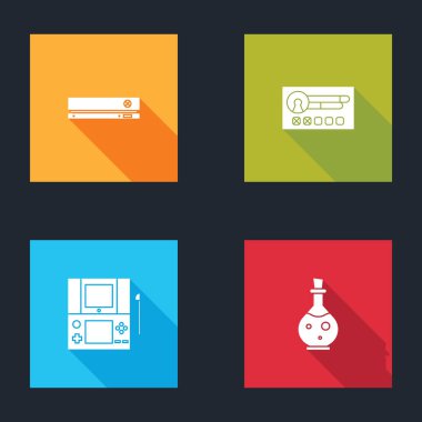 Video oyun konsolunu ayarla, hesap ekranı oluştur, taşınabilir video ve sihirli iksir simgesi ile şişe oluştur. Vektör.