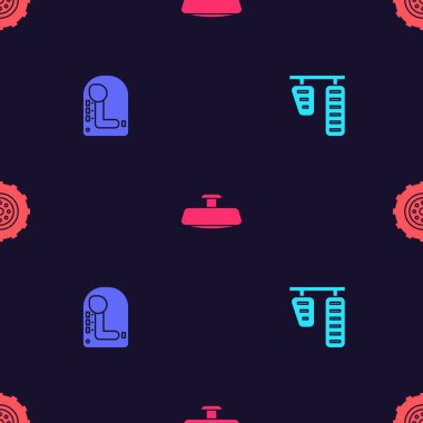 Araba benzini ve fren pedallarını, vites değiştiricisini, ayna ve tekerleği kusursuz desene ayarlayın. Vektör.