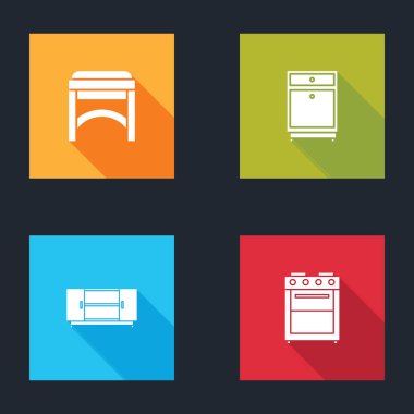 Koltuk, mobilya sehpası, televizyon masası ve fırın ikonu. Vektör.