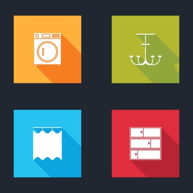 Çamaşır makinesini, avizeyi, perdeleri ve raf simgesini hazırla. Vektör.