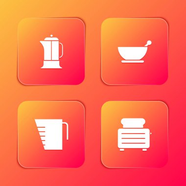 Fransız presi, havan topu ve tokmak, tost ikonlu ölçü kabı ve tost makinesini ayarlayın. Vektör.