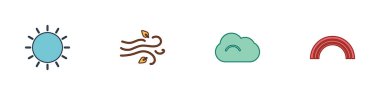 Güneş, Rüzgar, Bulut ve Gökkuşağı simgesini ayarla. Vektör.