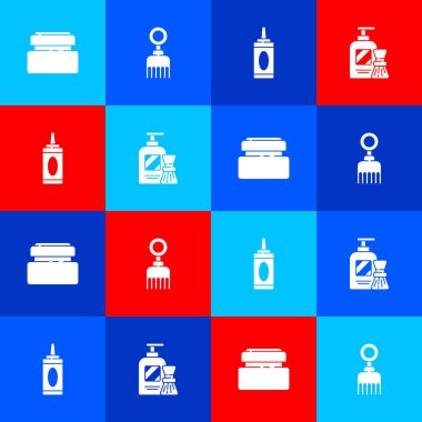 Krem veya losyon kozmetik tüpü, saç fırçası, şampuan şişesi, tıraş köpüğü ve ikon. Vektör.