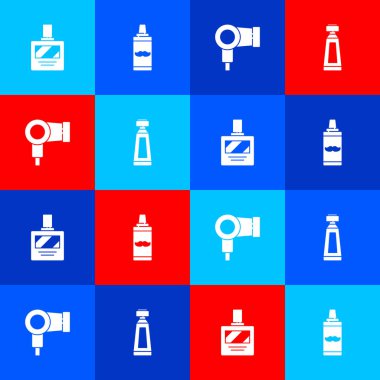 Tıraş losyonu, tıraş jeli köpüğü, saç kurutma makinesi, krem ya da losyon kozmetik tüp ikonu. Vektör.