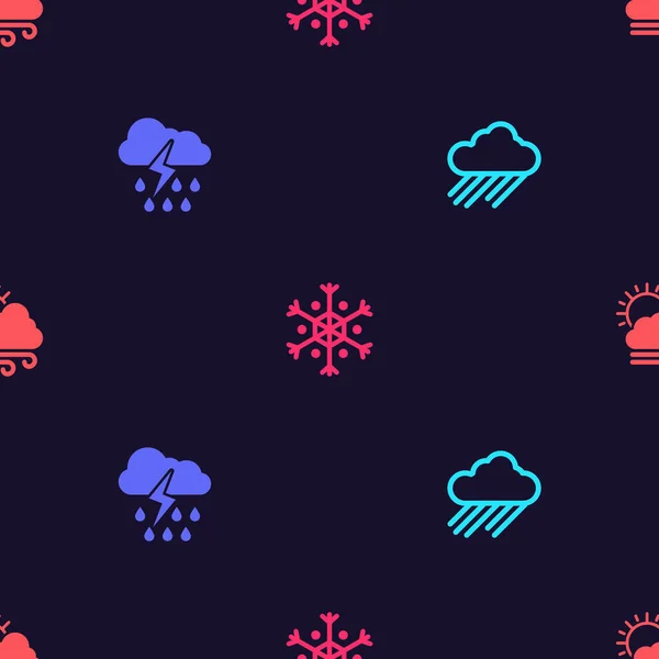 Set Cloud Rain Lightning Snowflake Windy Weather Seamless Pattern Vector — Stock Vector