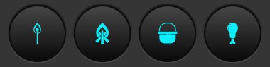 Yanma maçını ateşle, kamp ateşiyle, kamp tenceresiyle ve tavuk budu ikonuyla ayarla. Vektör.