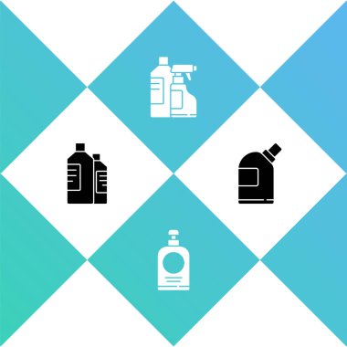 Şişeleri temizlik malzemesi, el dezenfektanı şişesi ve ikon olarak ayarla. Vektör.