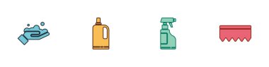 Yıkama ellerini sabunla, kumaş yumuşatıcısıyla, sprey şişesi deterjanıyla ve sünger köpüğü ikonuyla ayarla. Vektör.