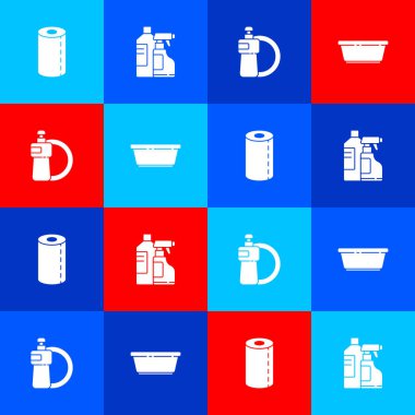 Kağıt havlu rulosu, temizlik malzemesi için şişeler, bulaşık deterjanı, tabak ve plastik leğen simgesi. Vektör.
