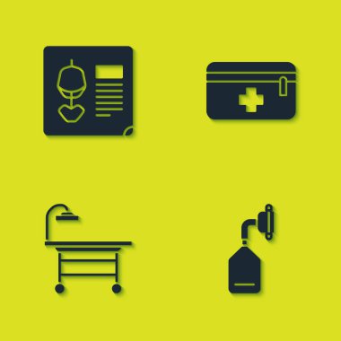 Röntgen çekimini, tıbbi oksijen maskesini ameliyat masasını ve ilk yardım çantasını hazırla. Vektör.