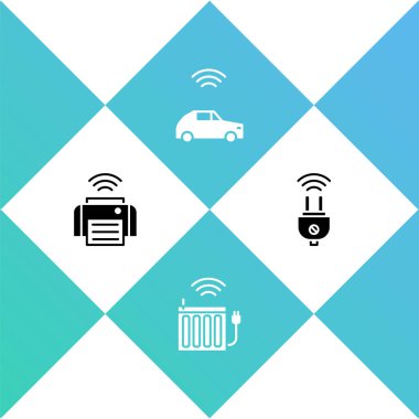 Akıllı yazıcı, ısıtma radyatörü, kablosuz ve elektrik prizi ikonlu araba sistemi. Vektör.