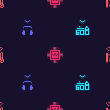 Smart 'ı kablosuz, kulaklıklı, işlemci mikrodevreli işlemcili ve termometresi dikişsiz desenli olarak ayarla. Vektör.