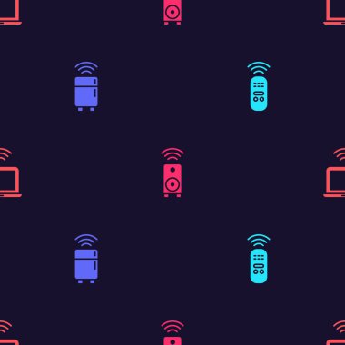 Akıllı uzaktan kumanda, buzdolabı, hoparlör ve kablosuz dizüstü bilgisayarı pürüzsüz desene ayarlayın. Vektör.