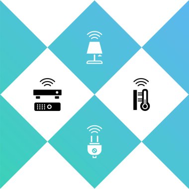Kablosuz TV alıcısı, akıllı elektrik prizi, masa lambası ve termometre simgesini ayarla. Vektör.