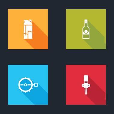 Çakmak, votka şişesi, tuzak avı ve meşale ikonu. Vektör.