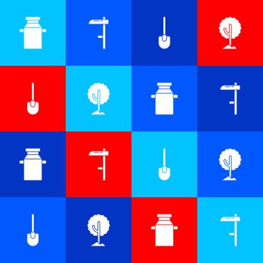 Süt, Tırpan, Kürek ve Ağaç simgesi için konteynır ayarla. Vektör.