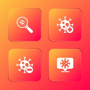 Virüsü büyüteç, pozitif virüs, negatif ve Corona 'yı konum simgesine yerleştir. Vektör.