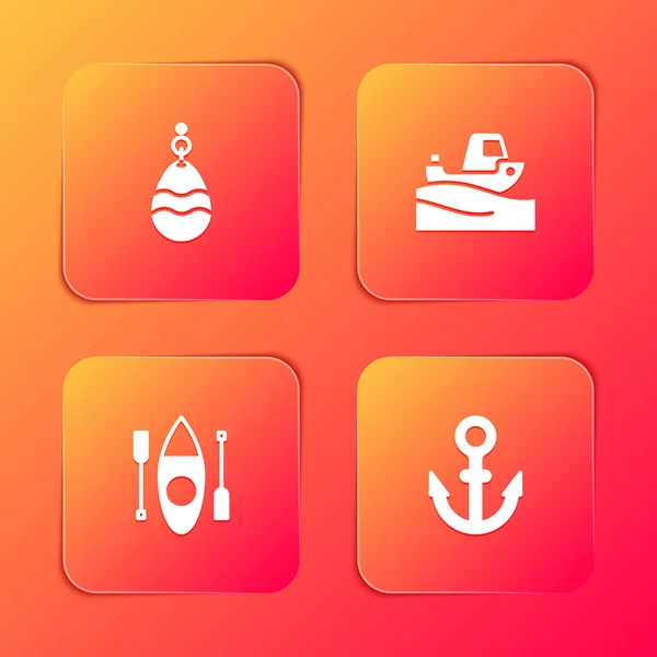 Set Fishing spoon, boat water, Kayak or canoe and Anchor icon. Vector.