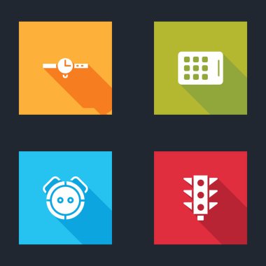 Bilek saatini, grafiksel tableti, robot elektrikli süpürgeyi ve trafik ışığı simgesini ayarla. Vektör.