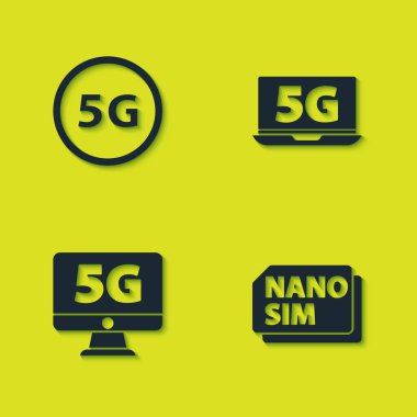 5G ağını, Nano Sim Card 'ı, Laptop simgesini ve monitörünü ayarla. Vektör.