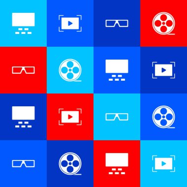 Koltuklu sinema salonu, çevrimiçi oyun videosu, 3 boyutlu sinema gözlükleri ve film makarası ikonu. Vektör.