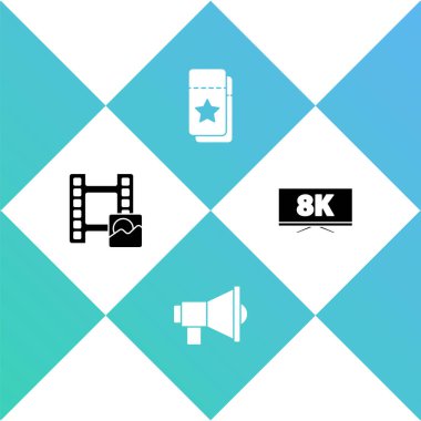 Play Video, Megaphone, Sinema bileti ve 8K simgeli Screen TV ayarla. Vektör.