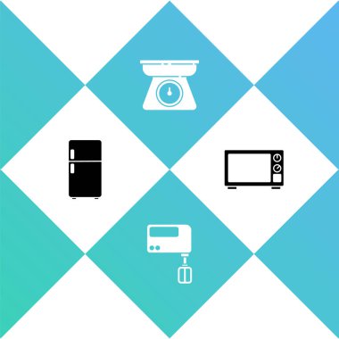 Buzdolabını, elektrikli mikseri, pulları ve mikrodalga fırın ikonunu ayarla. Vektör.