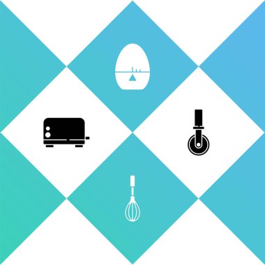 Tost makinesini, mutfak çırpıcısını, zamanlayıcıyı ve pizza bıçağı ikonunu ayarla. Vektör.