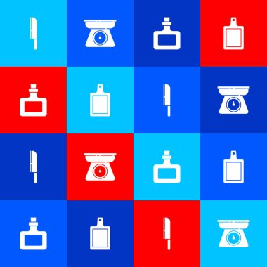 Bıçak, terazi, sos şişesi ve kesme tahtası simgesi. Vektör.