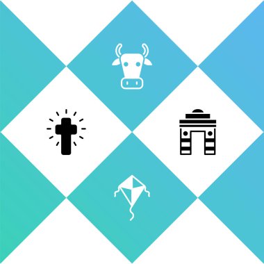 Delhi ikonunda Christian Cross, Kite, Cow ve India Gate 'i ayarlayın. Vektör.