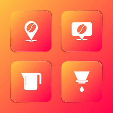 Yeri kahve çekirdeği, kahve demliği ve V60 imalat ikonu ile belirleyin. Vektör.